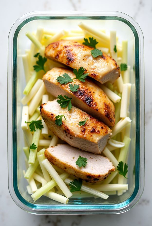 Crunchy Celery Root & Apple Slaw Bowls featuring grilled chicken, fresh ingredients and zesty lemon vinaigrette.