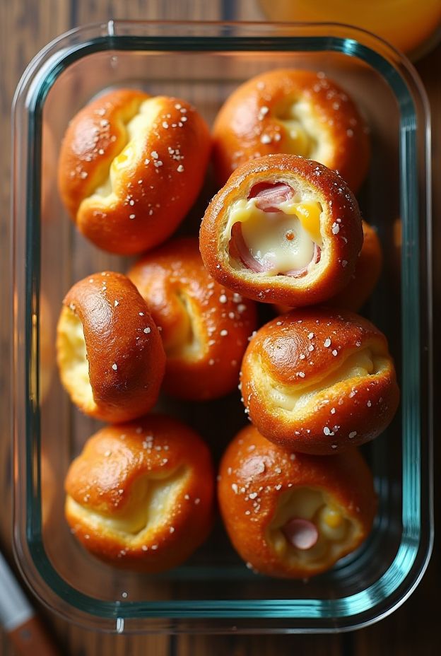 Soft pretzel bites stuffed with cheese and ham, perfect for snacking or parties.