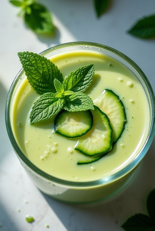 Chilled cucumber avocado soup jars with mint and cucumber garnish for a refreshing meal prep option.