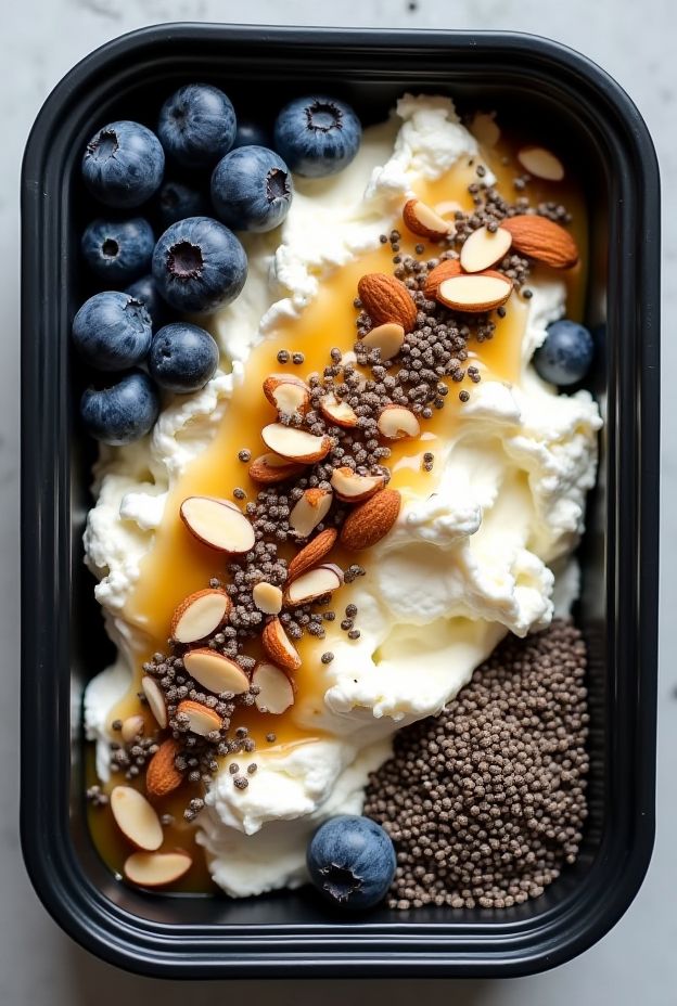 High-protein cottage cheese breakfast power bowl with almonds, chia seeds, and blueberries for a nutritious start.