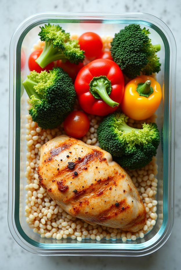 Healthy meal prep featuring grilled chicken, pearl barley, and colorful non-starchy vegetables for diabetes management.