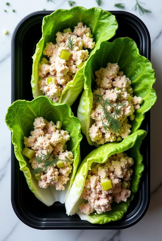 Dill Pickle Tuna Lettuce Boats filled with tuna and dill pickles in crisp lettuce leaves for a healthy meal prep.