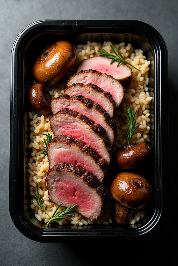 Pan-seared duck breast served on wild rice with roasted mushrooms and thyme garnish.