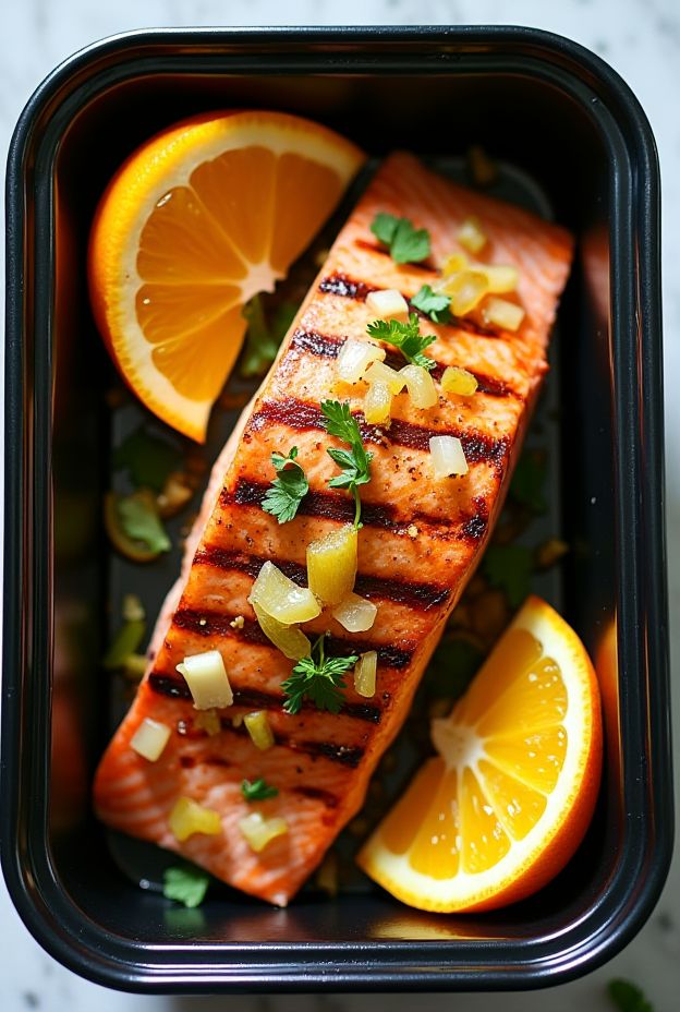 Grilled salmon with fennel and oranges in a fresh citrus glaze, perfect for healthy meal prep.