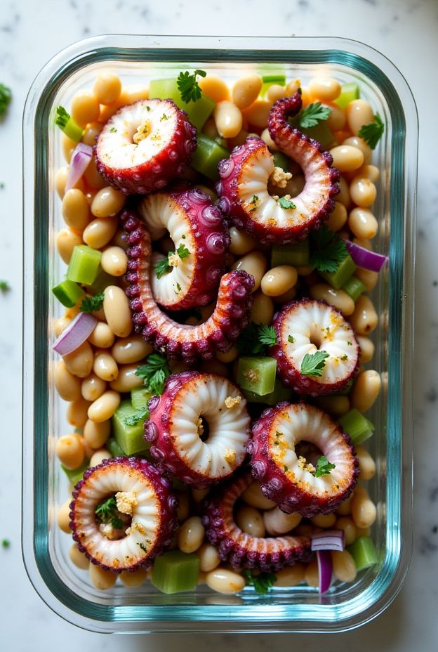 Grilled octopus salad with white beans, celery, and lemon-herb vinaigrette, showcasing Mediterranean flavors.
