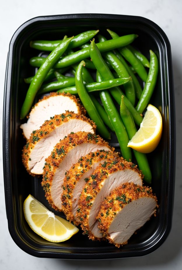 Herb-Crusted Turkey Tenderloin slices with vibrant steamed snap peas and fresh lemon wedges in black meal prep container.