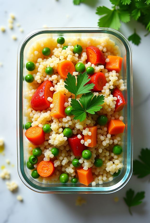 Healthy Instant Couscous and Vegetable Medley featuring peas, carrots, and bell peppers for nutritious meal prep.