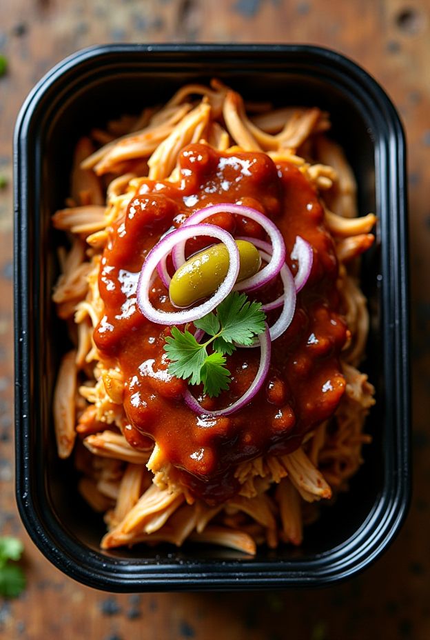 Instant Pot Pulled Chicken with BBQ sauce served with onions and cilantro, ready in just 15 minutes.
