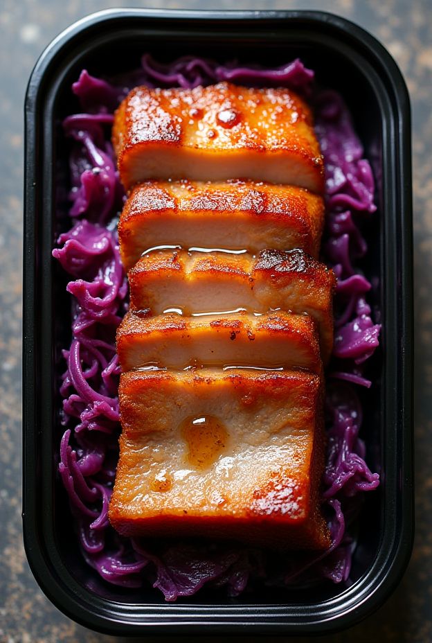Keto Pork Belly with sautéed cabbage, a high-fat, low-carb meal prep dish ideal for ketogenic diets.