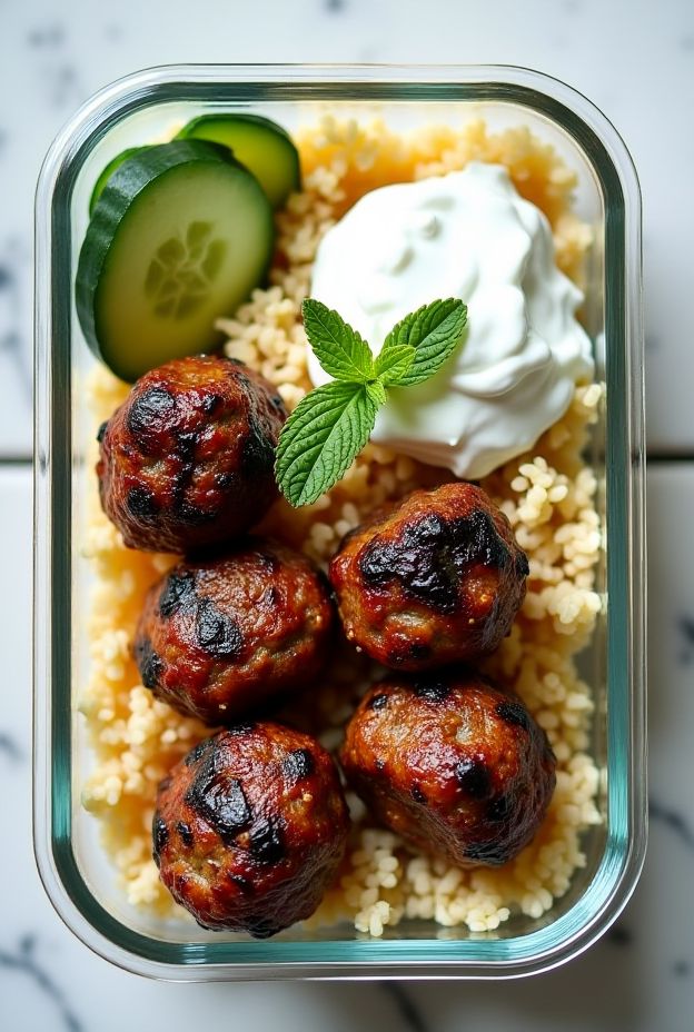 Lamb Kofta Protein Boxes with spiced meatballs, Greek yogurt, bulgur wheat, and cucumber slices for a healthy meal prep.