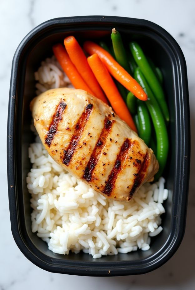 Low-FODMAP Grilled Chicken with fluffy rice, carrots, and green beans in a meal prep container.