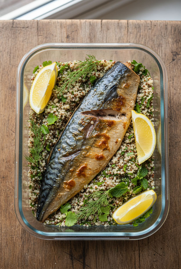 Grilled mackerel fillets served with herb quinoa and lemon wedges, perfect for a nutritious meal preparation.