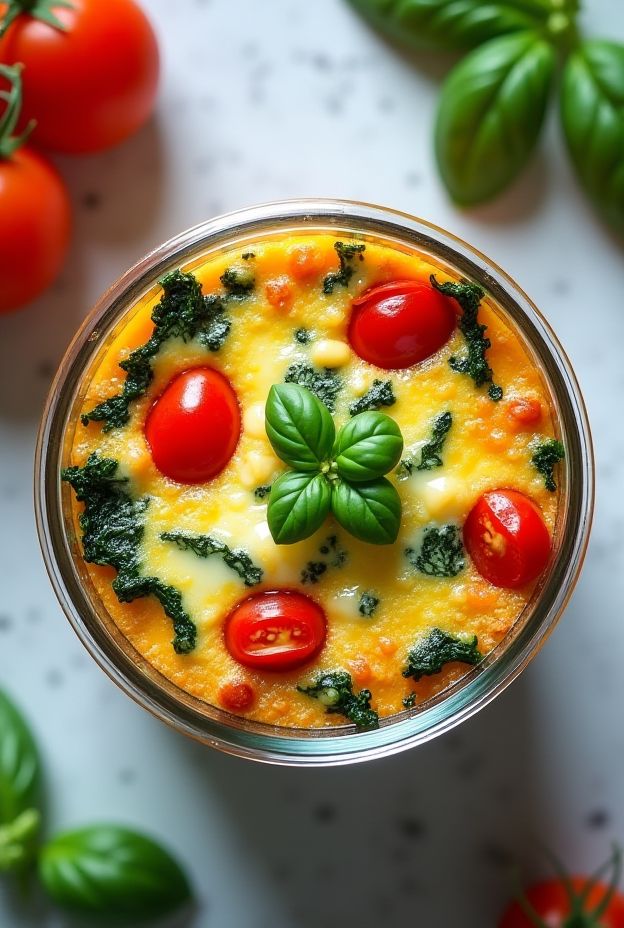 Quick microwave mug frittatas with cheese, spinach, and tomatoes for a healthy breakfast option.