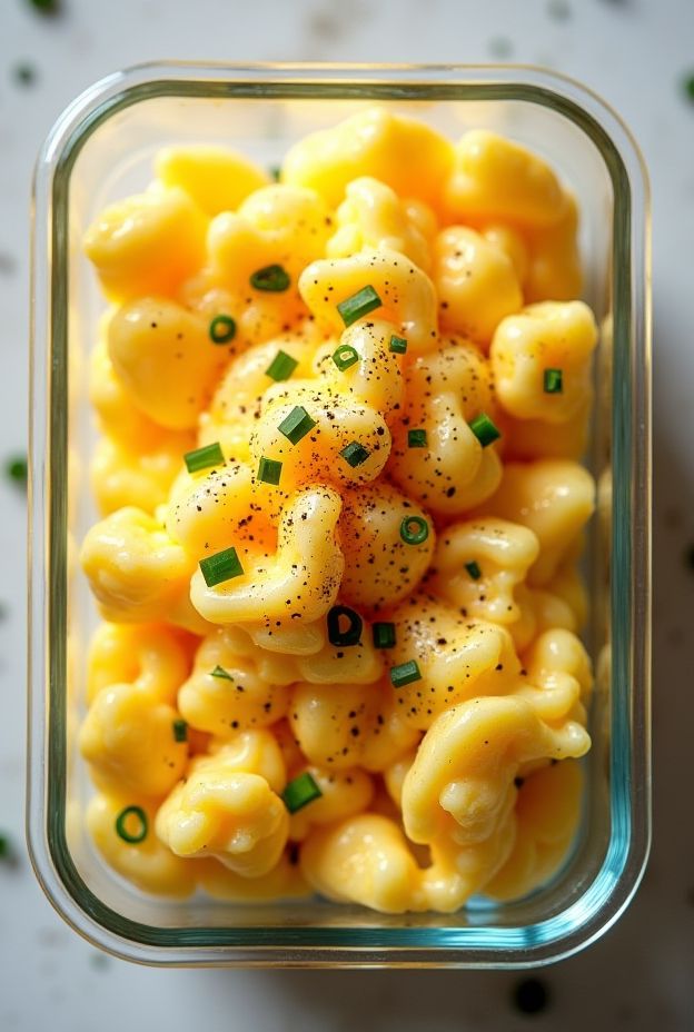 Fluffy microwave scrambled eggs with cheese and chives, a quick and nutritious meal prep option.