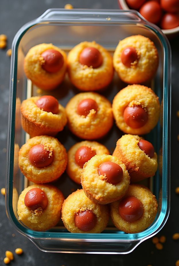 Mini Corn Dog Muffins filled with hot dog pieces, perfect for snacks or parties.