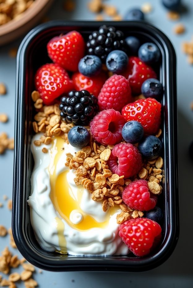 No-Cook Greek Yogurt Bowl with Granola, Honey, and Mixed Berries - A healthy and quick breakfast option.