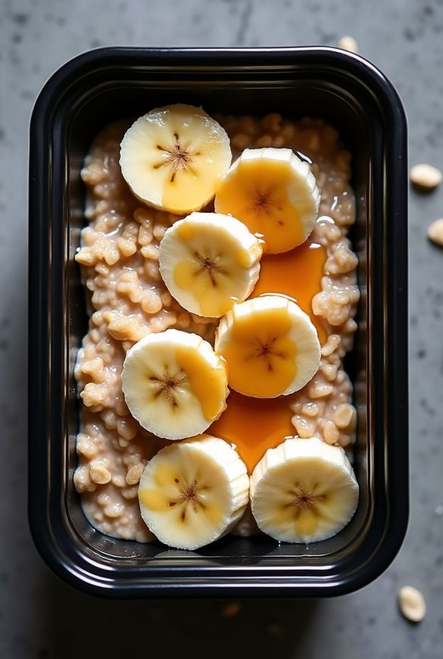 Peanut Butter & Banana Overnight Oats recipe in a meal prep container, featuring sliced bananas and honey drizzle.