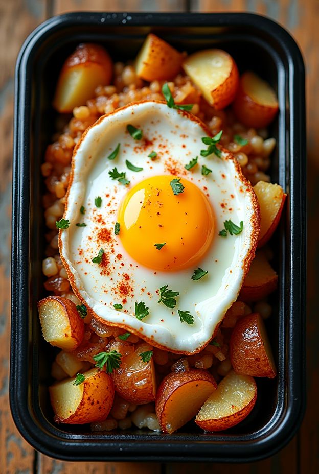 Potato and onion hash topped with fried eggs, garnished with herbs and served in a meal prep container.