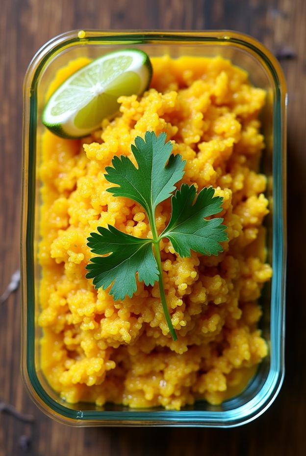 Rice and Lentil Kitchari garnished with lime and cilantro - a healthy Indian comfort dish.