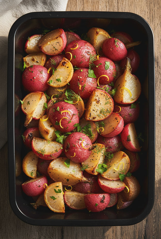 Zesty Roasted Radish and Turnip Medley with garlic, herbs, and lemon juice, served warm, perfect for healthy meals.