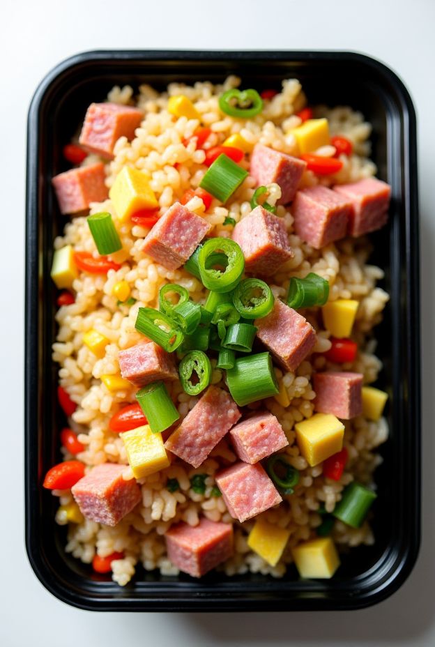 Budget-friendly Spam fried rice with mixed vegetables and eggs in a meal prep container.