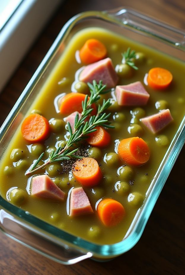 Hearty split pea and ham soup with carrots, perfect for meal prep and affordable comfort food.
