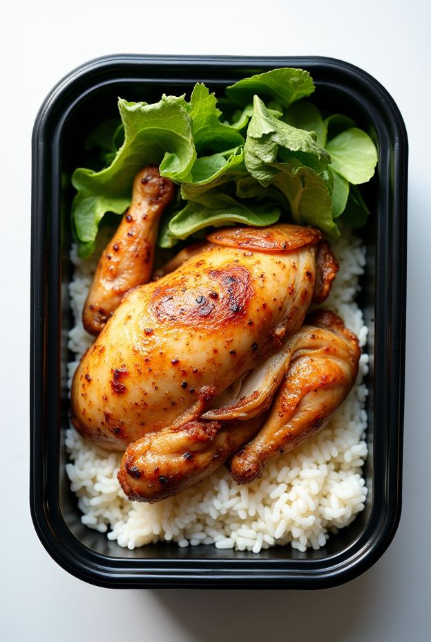 Quick and easy rotisserie chicken bowls with rice and fresh greens, perfect for meal preparation.