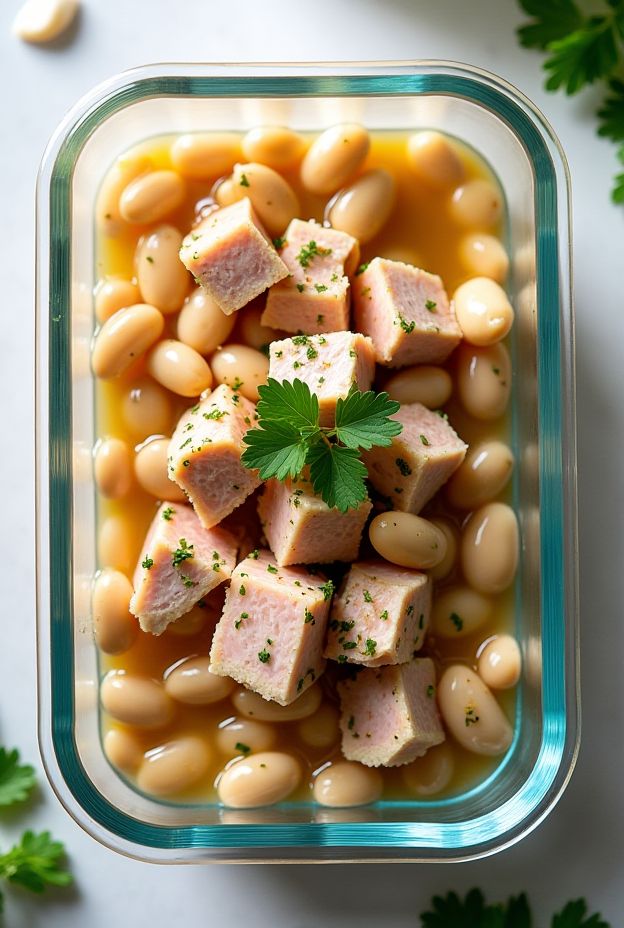 Healthy Tuna and White Bean Mash with garlic, olive oil, and garnish in a meal prep container.