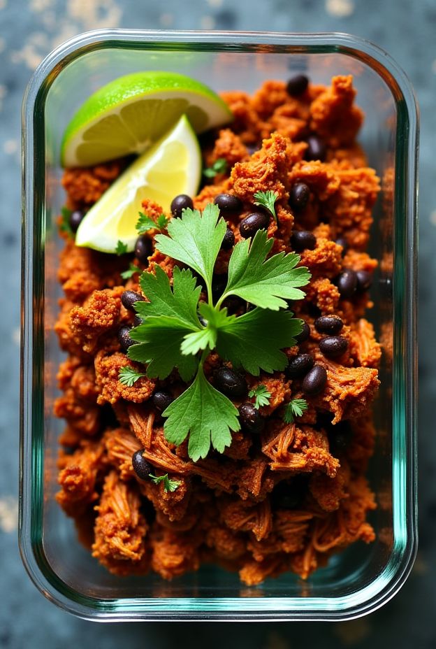 Vegan Jackfruit Carnitas Bowls with pulled jackfruit, black beans, cilantro, and lime in a meal prep container.