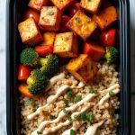 Healthy Vegetarian Protein Tempeh Bowls with marinated tempeh, brown rice, vibrant roasted vegetables, and creamy tahini sauce.