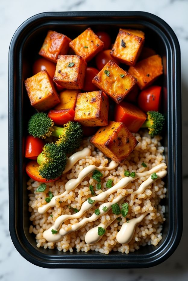 Healthy Vegetarian Protein Tempeh Bowls with marinated tempeh, brown rice, vibrant roasted vegetables, and creamy tahini sauce.