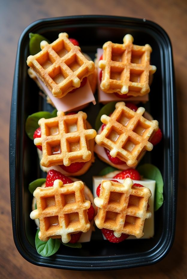 Mini waffle sandwich bites filled with turkey, cheese, and strawberries, beautifully arranged for a healthy snack option.