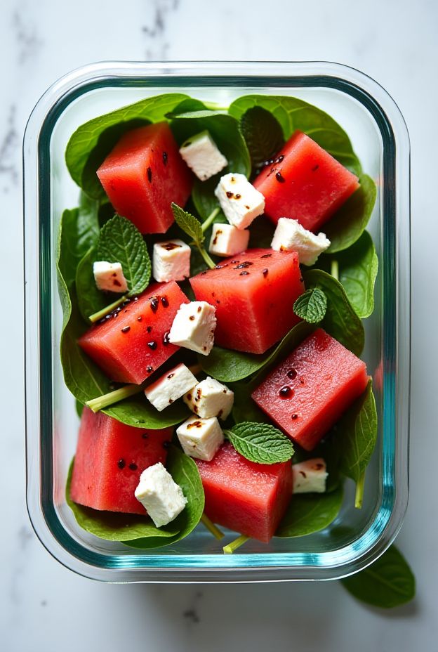 Vibrant Watermelon Feta Spinach Salad withMint and Balsamic Reduction for a refreshing summer dish.