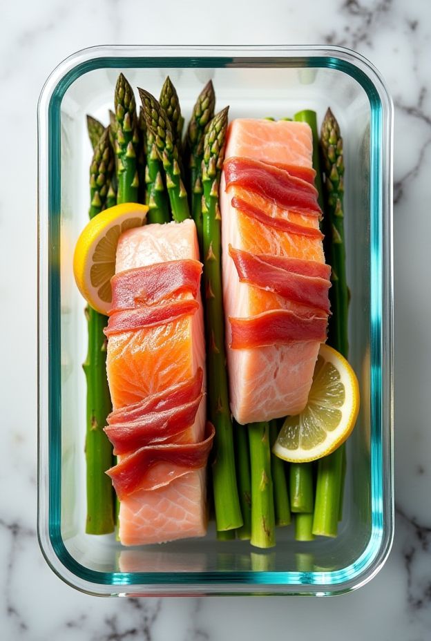 Delicious Arctic char fillets with prosciutto-wrapped asparagus and lemon, perfect for a healthy meal prep.