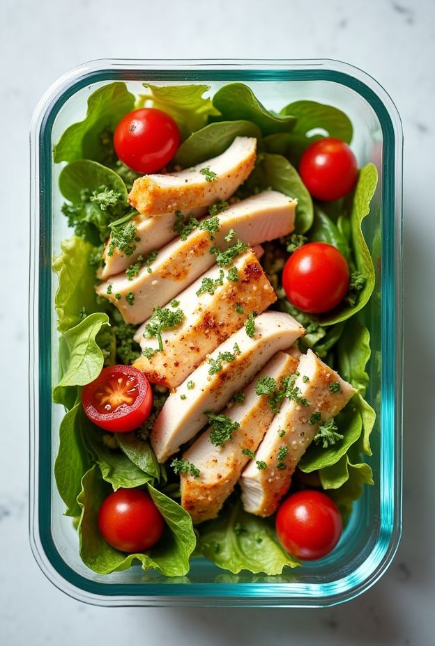 Nutritious bagged salad protein bowl with rotisserie chicken, greens, and cherry tomatoes for a healthy meal prep idea.