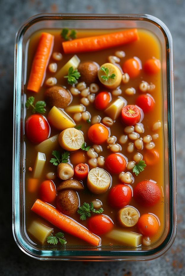 Hearty Barley Vegetable Stew with carrots, tomatoes, and celery in a rich broth.