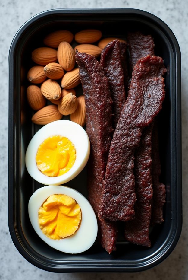 Homemade beef jerky snack box containing lean beef jerky, hard-boiled eggs, and almonds, perfect for meal prep.