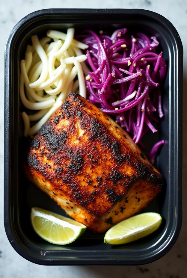 Spice-rubbed Blackened Tilapia with crunchy jicama slaw and lime dressing for a healthy meal prep option.