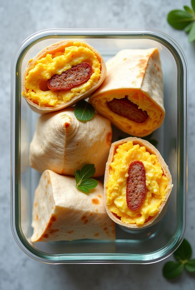 Healthy breakfast burrito wraps containing scrambled eggs, turkey sausage, and cheese in tortillas ready for meal prep.