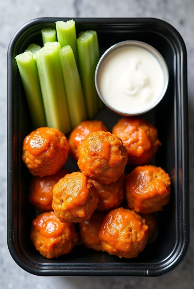 Healthy Buffalo Turkey Meatball Bowls with celery sticks and creamy ranch dip for meal prepping.