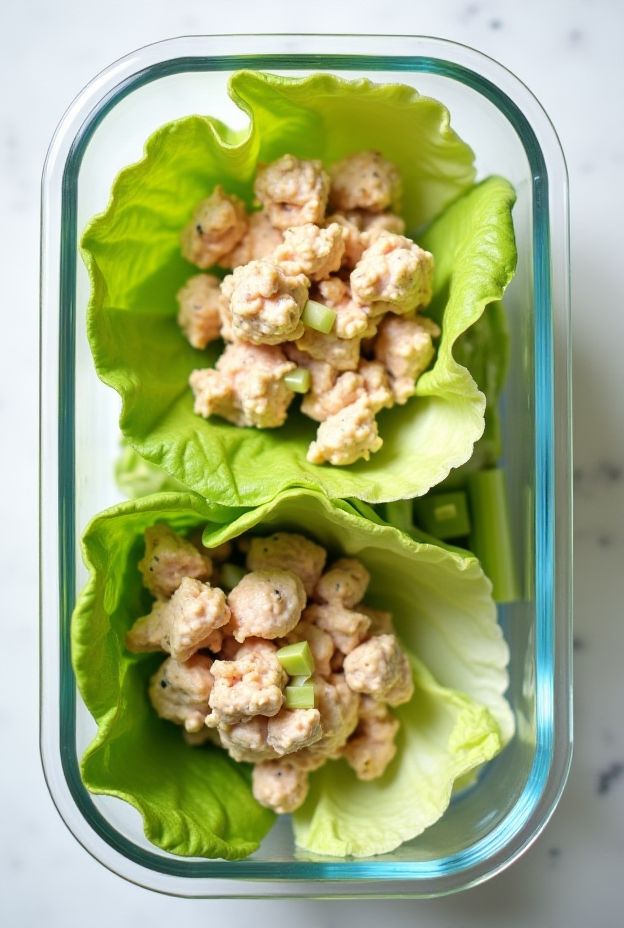 Healthy canned chicken salad served in crisp lettuce cups, ideal for easy meal prep and quick lunches.