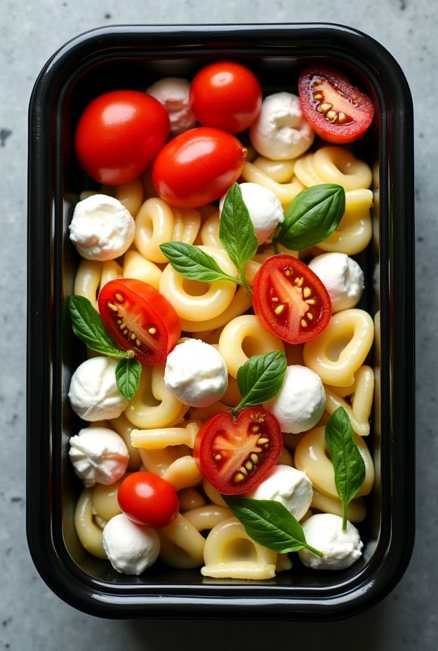 Delicious Caprese Tortellini Salad with cherry tomatoes, mozzarella, and basil, ideal for meal prepping.