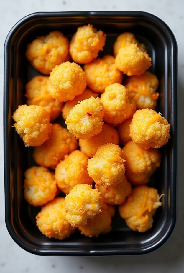 Delicious baked cheesy cauliflower tot bites served in a black container, perfect snack and appetizer.