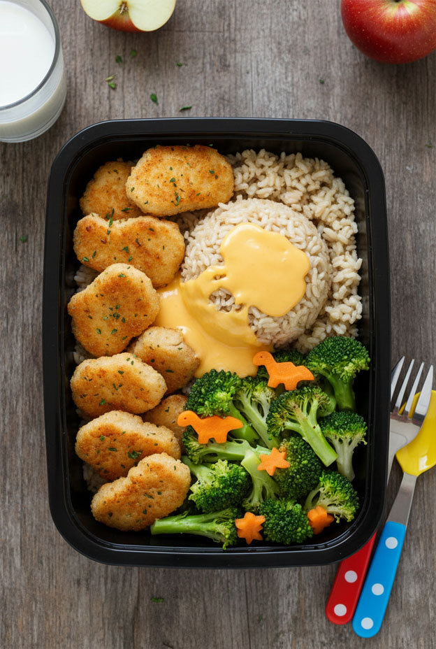 Healthy Chicken Nugget Buddha Bowls with brown rice, steamed broccoli, and cheese sauce for nutritious meal prep.