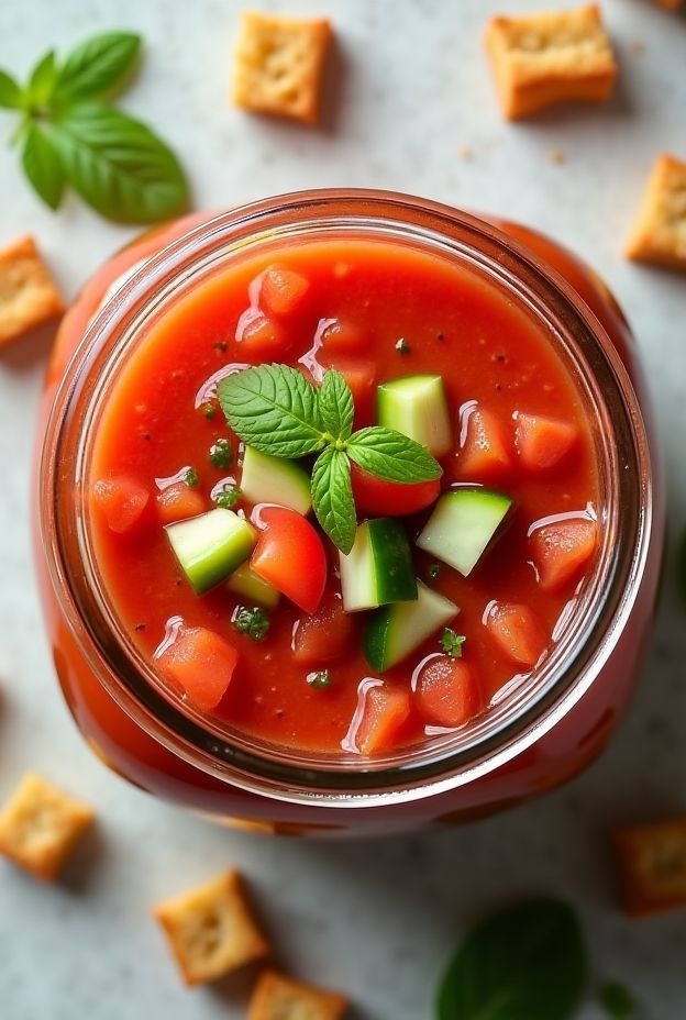 Healthy Chilled Gazpacho Meal Jars with fresh vegetables and croutons, perfect for summer meals.