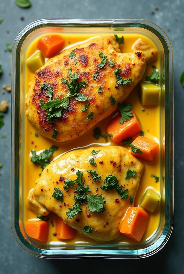 Dairy-free coconut curry chicken cooked in creamy curry sauce with fresh vegetables for a wholesome meal.