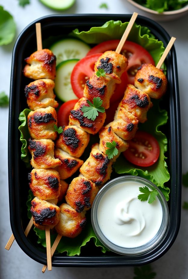 Grilled Greek Chicken Souvlaki Skewers served with tzatziki and salad, showcasing Mediterranean flavors.