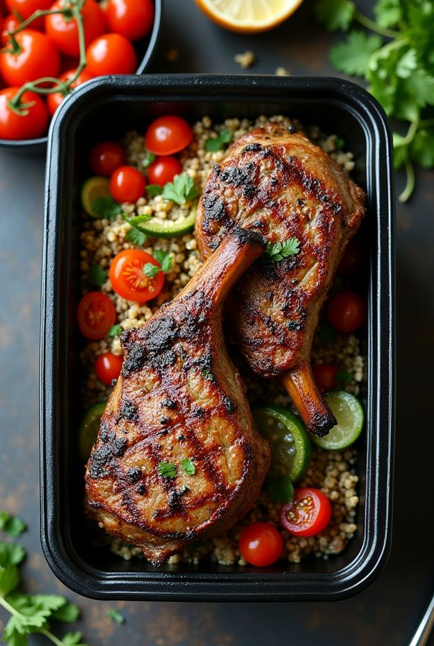 Grilled lamb chops served with quinoa tabbouleh salad, featuring colorful cherry tomatoes and fresh herbs.