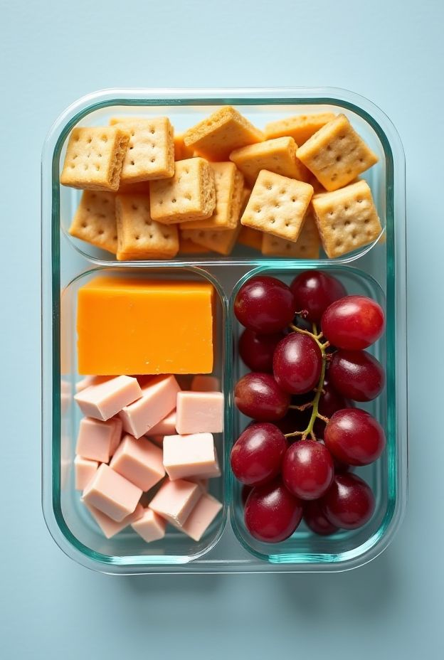 DIY Lunchables with crackers, cheese cubes, turkey slices, and grapes in a meal prep container.