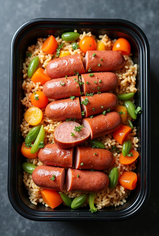 Hot Dog Fried Rice served in a black container with sliced hot dogs and vegetables on rice.